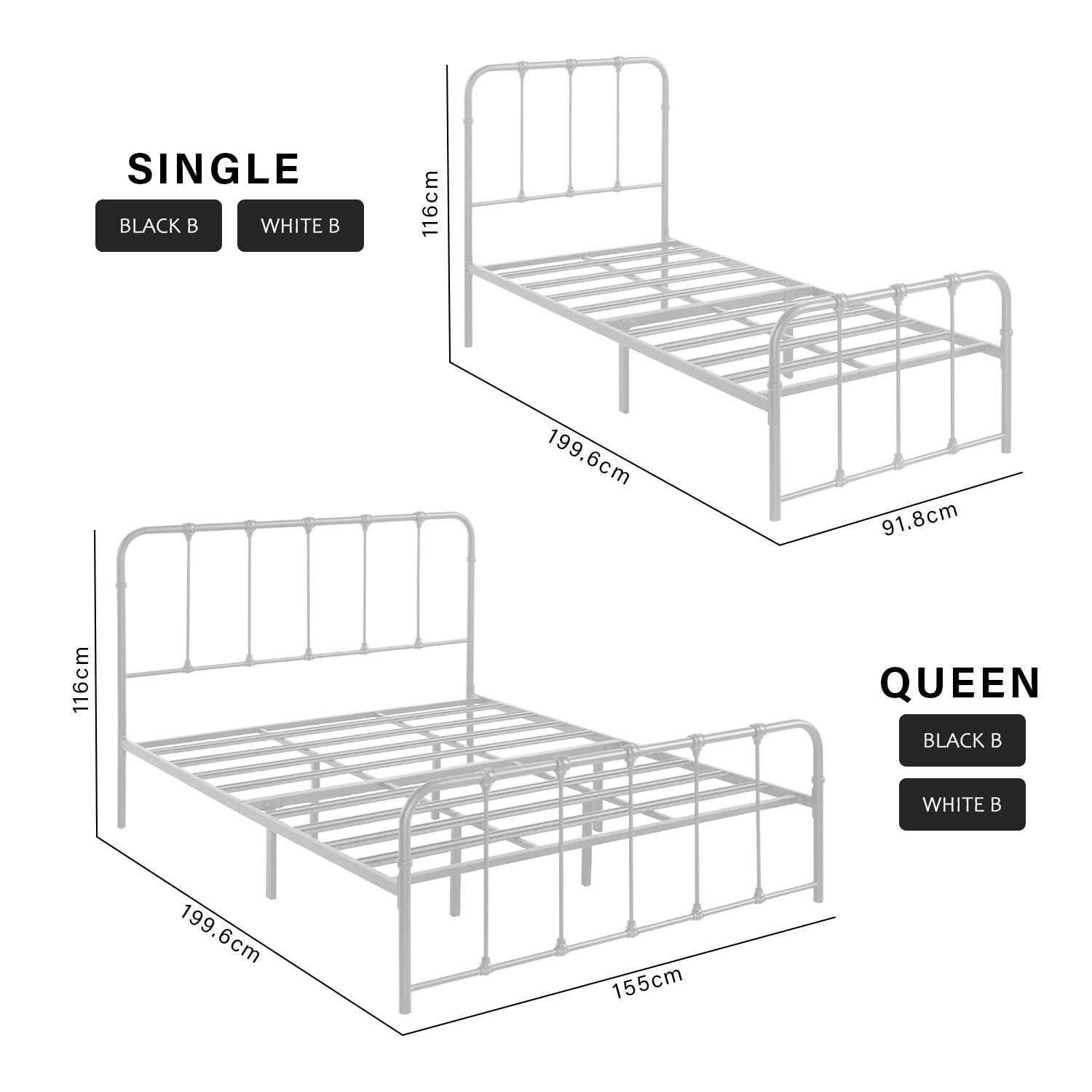 Gina Metal Bed Frame in White And Black Colors - All Sizes Available