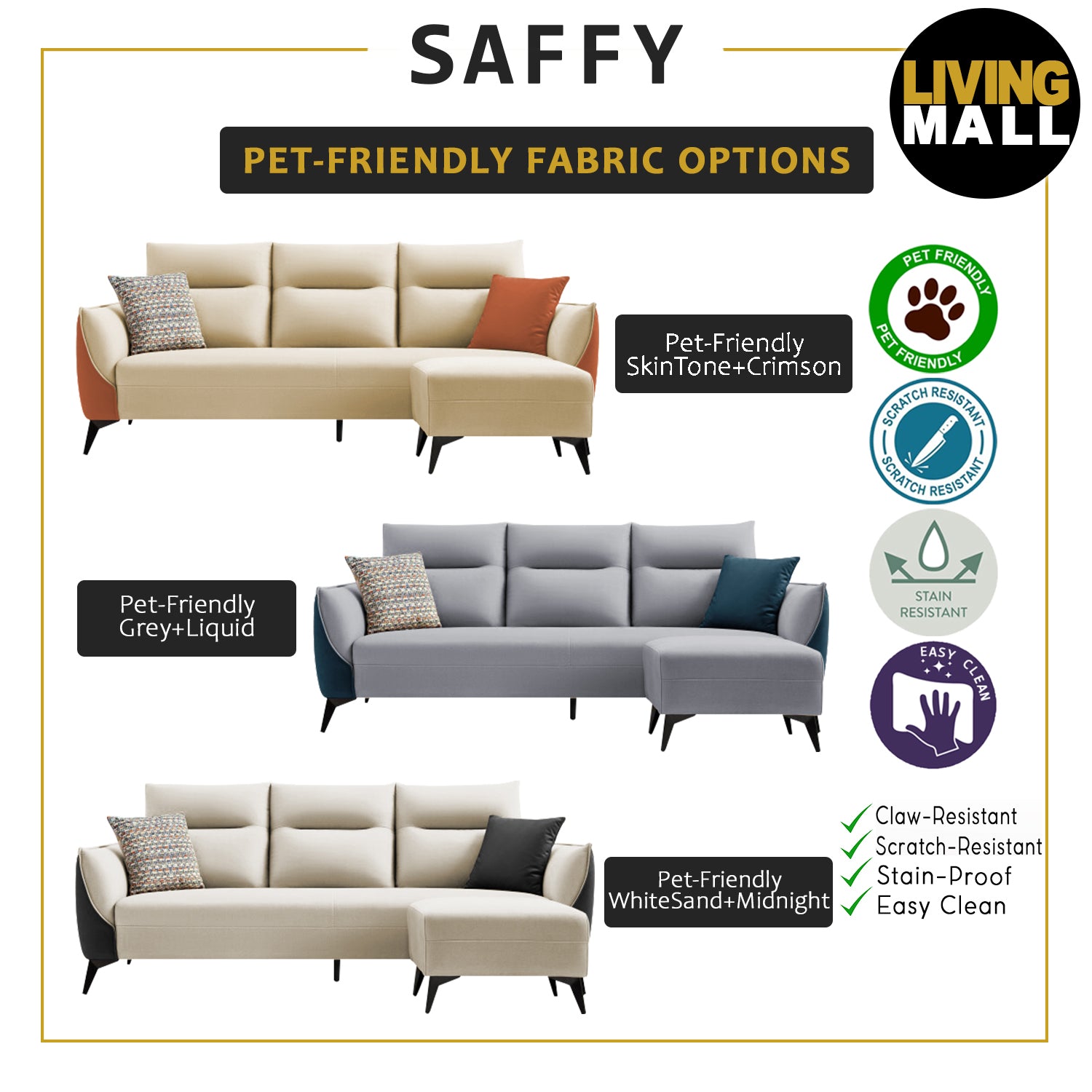 Saffy Fabric 3-Seater / 4-Seater Sofa with Ottoman w/ Pet-Friendly Option