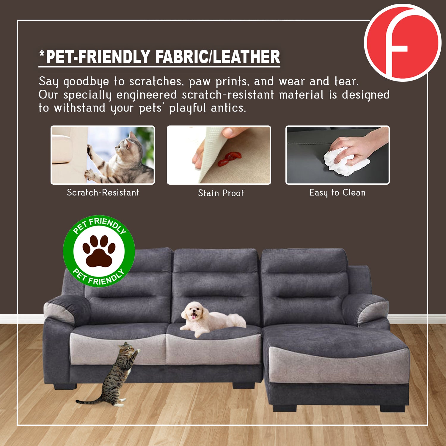 Relah Series L-Shaped Sofa in Left/Right Chaise PetFriendly Fabric/Leather