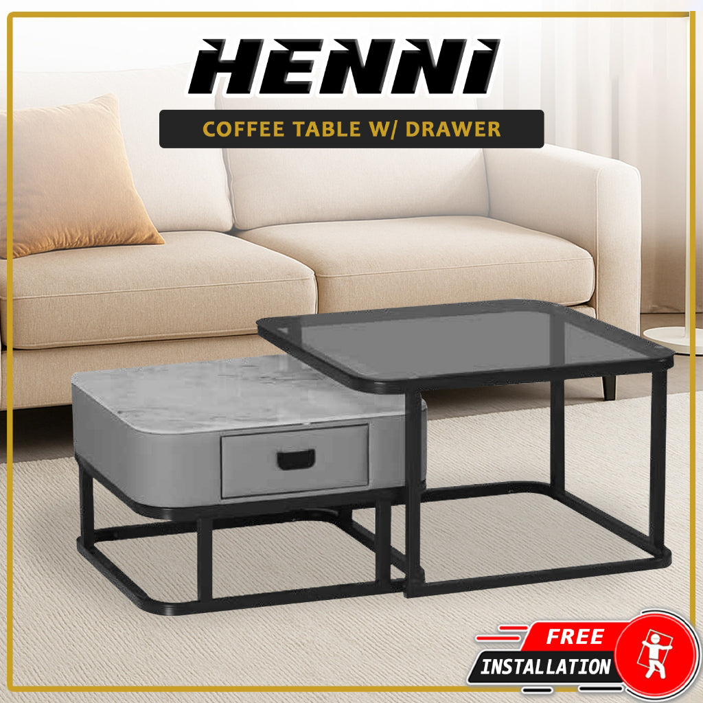 Henni 2-Piece Coffee Table with Drawer - Tempered Glass Top + Marble Ceramic Top