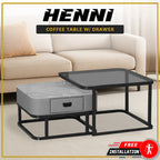 Henni 2-Piece Coffee Table with Drawer - Tempered Glass Top + Marble Ceramic Top