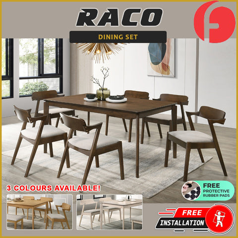 Image of Raco 4/6 Seater Nordic Dining Set w/ Table, Chair & Bench Solid Rubber Wood in 3 Colours