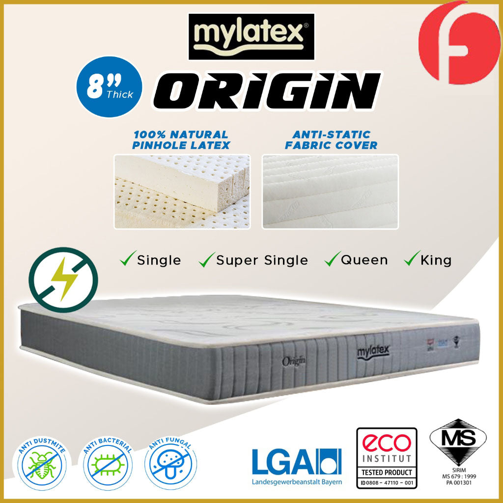 MyLatex 8" Origin Mattress Natural Latex & Anti-Static Fabric - All Sizes Available