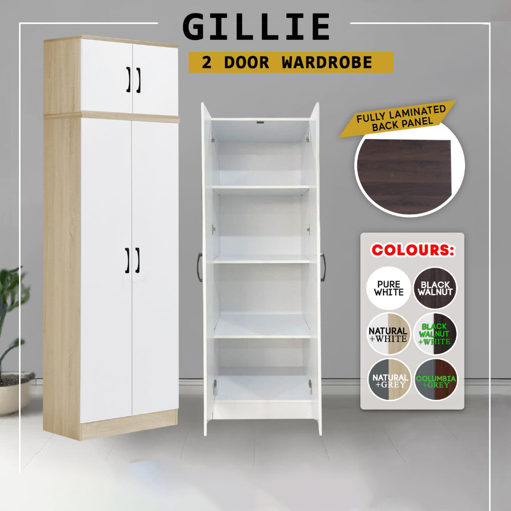 Gillie Series 2 Doors Tall Wardrobe with Top Cabinet Fully Laminated Back in 6 Colours