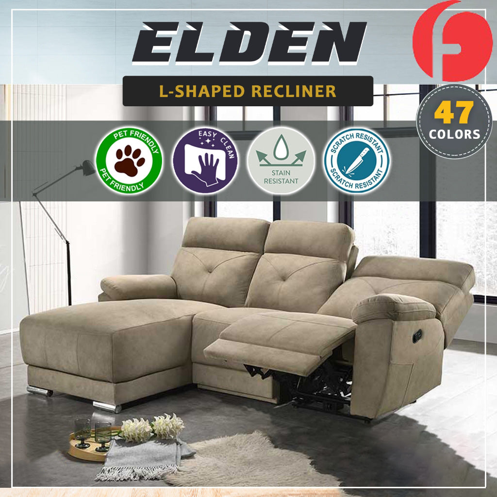 Elden Recliner L-Shaped Sofa in 47 Colour - w/ PetFriendly Fabric/Leather