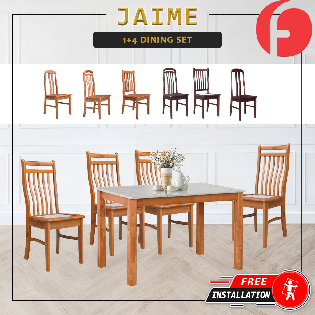 Jaime Dining Set w/ Table and Chairs 1+4 in Solid Wood Natural Marble Top Cherry/Walnut
