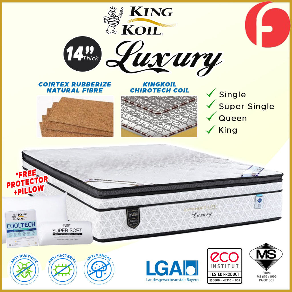 King Koil Luxury 14" Mattress Chiro tech Coil Extended Life Collection - Bundle w/ Pillow - All Sizes