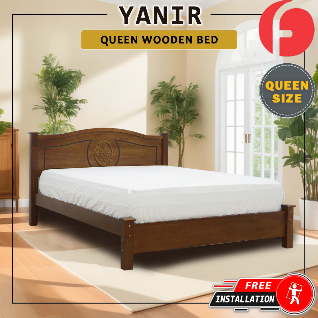 Yanir Wooden Bedframe Queen Size In Oak Colour with Mattress Option - MDF+Veneer Wood