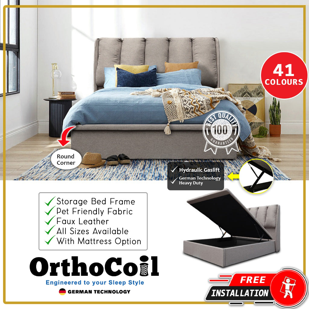 OrthoCoil Garcy Storage Bed Frame Pet Friendly Fabric/Faux Leather - With Mattress Option