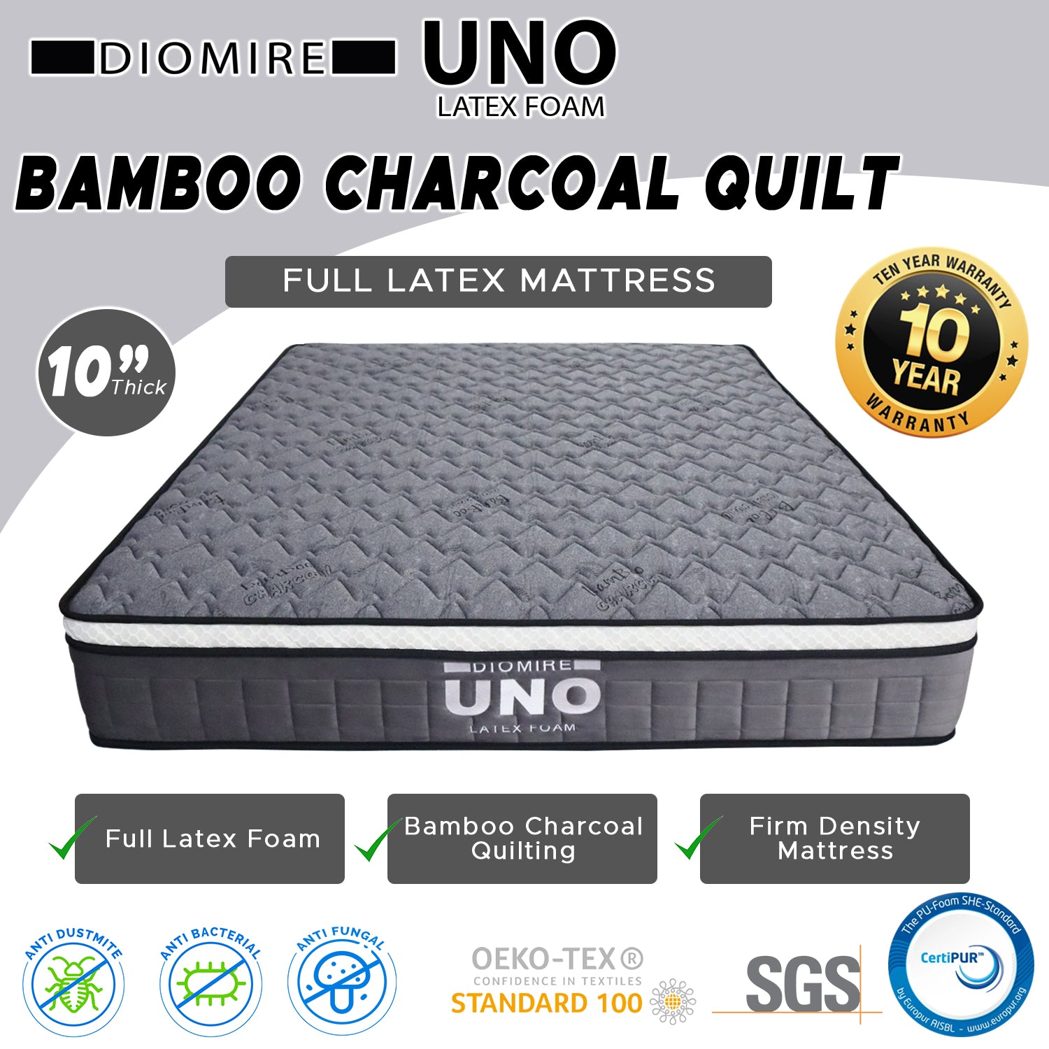 Diomire UNO 10" Mattress - Full Latex Foam w/ Bamboo Charcoal Quilting - All Sizes