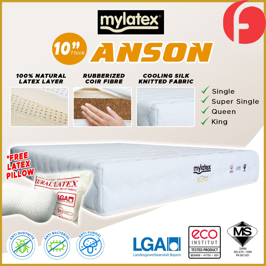 MyLatex ANSON 10" Natural Latex Mattress, Coconut Fibre, Cooling Silk Fabric - All Sizes