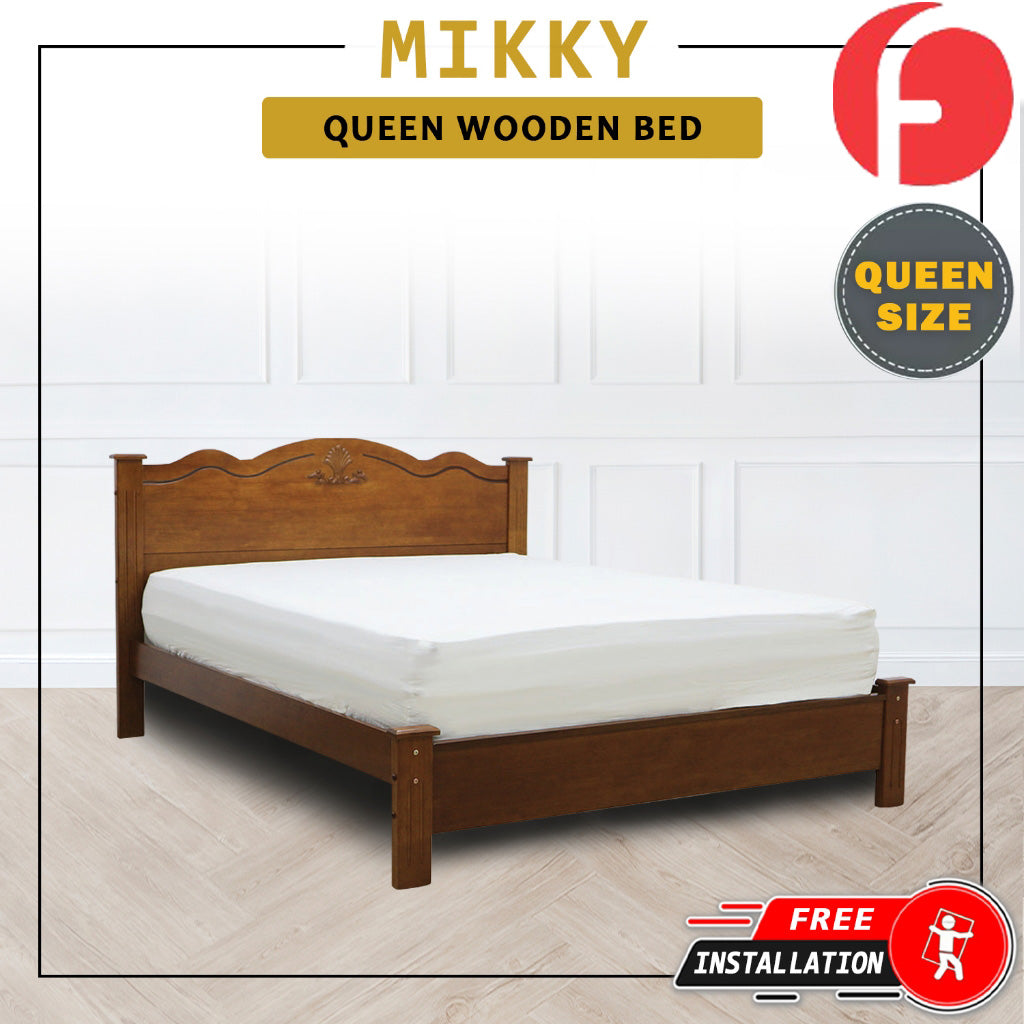 Mikky Wooden Bedframe Queen Size In Oak Colour with Mattress Option - MDF+Veneer Wood