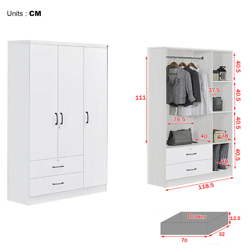 Cyprus Series 3 Door Wardrobe with Drawers in Full White Colour