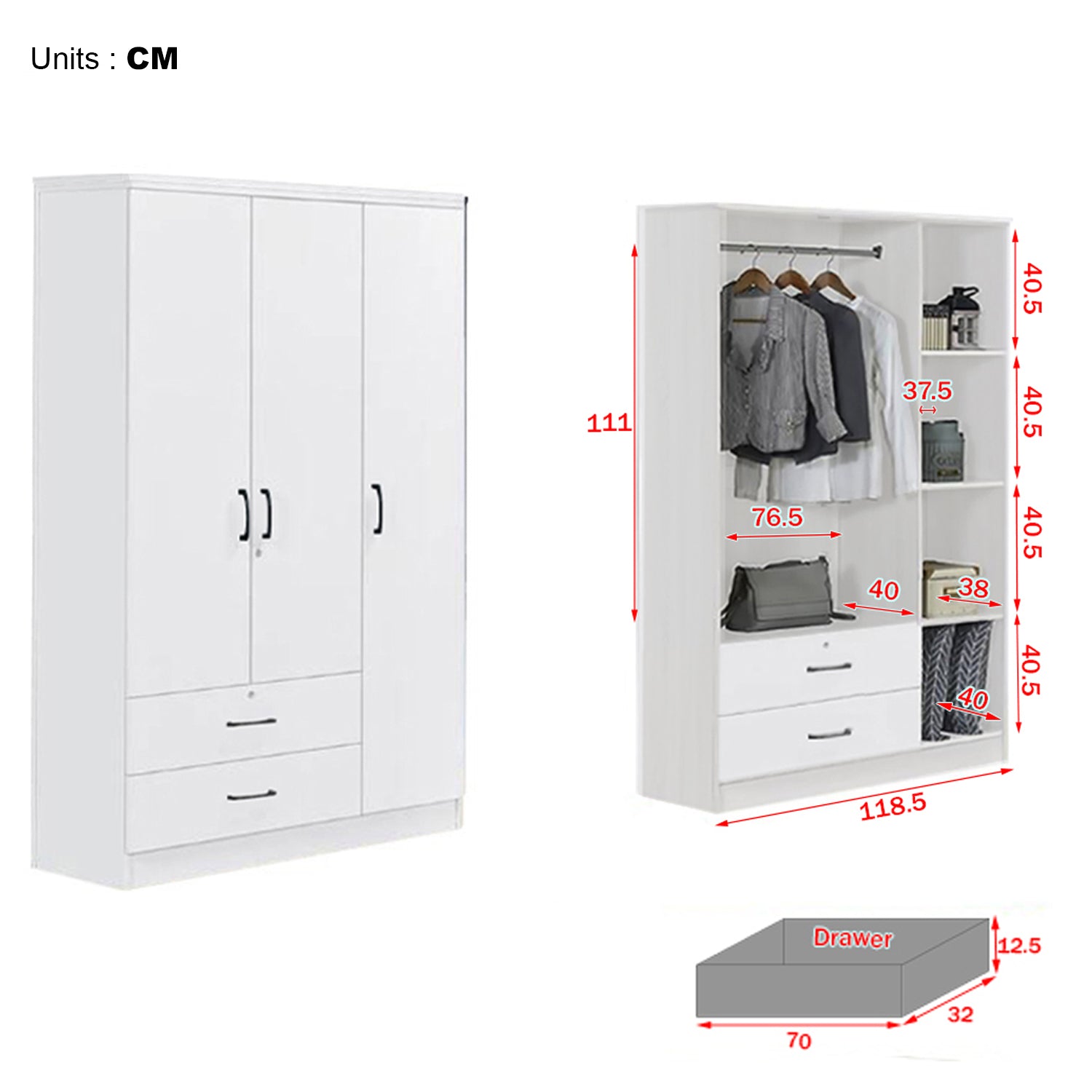 Cyprus Series 3 Door Wardrobe with Drawers in Full White Colour