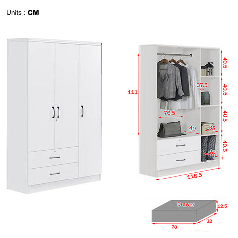 Image of Cyprus Series 3 Door Wardrobe with Drawers in Full White Colour