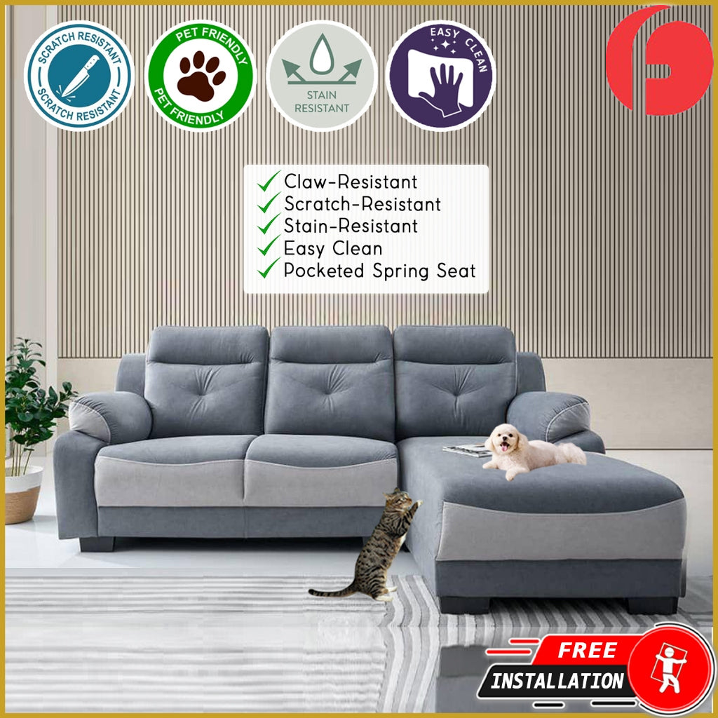 Maine 3-Seater L-Shaped Sofa Pocketed Spring in 50 Colour - w/ PetFriendly Fabric