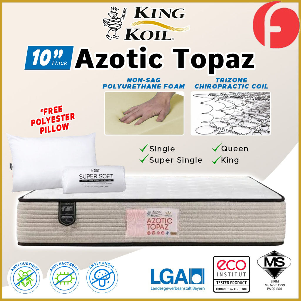 King Koil Azotic Topaz 10" Mattress Chiropractic Coil - Bundle w/ Pillow - All Sizes