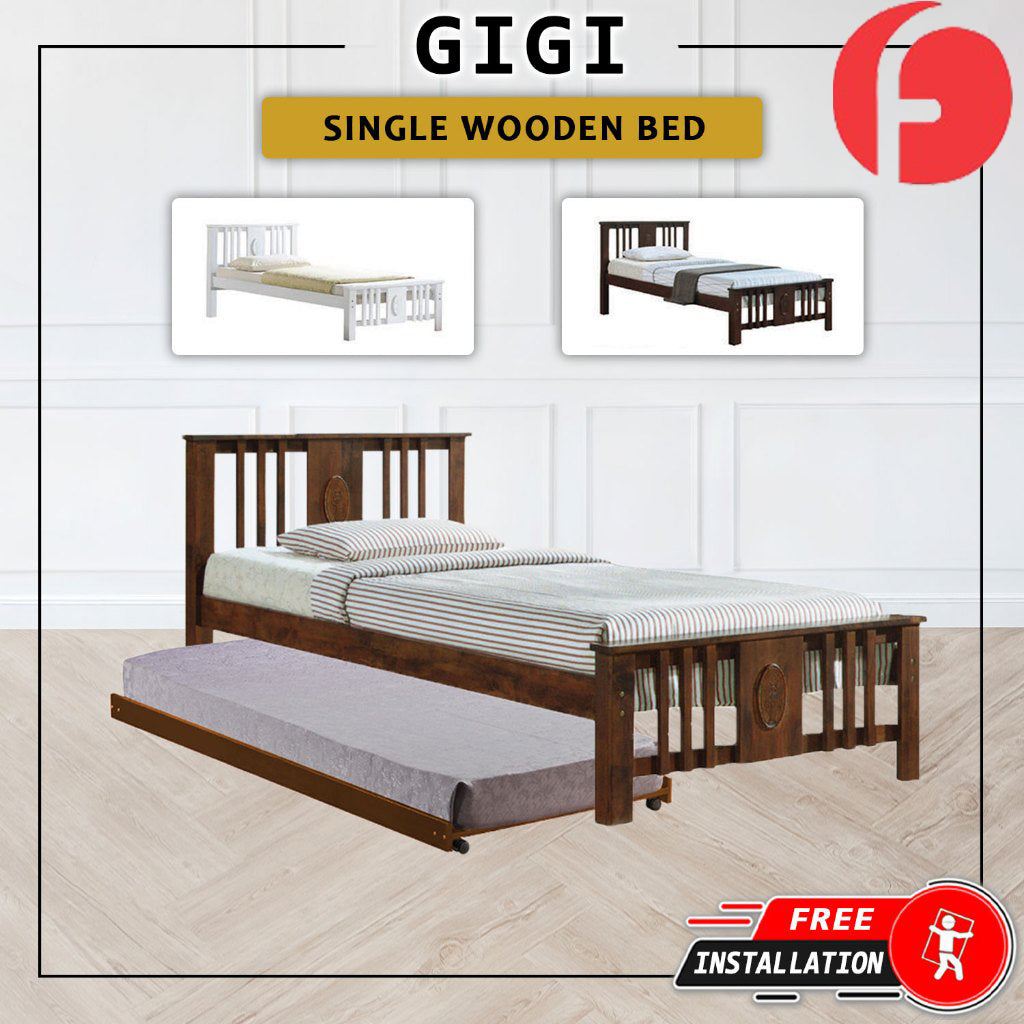 Gigi Single Pull-Out Bedframe Solid Wood Slatted Base  - w/ Mattress Option