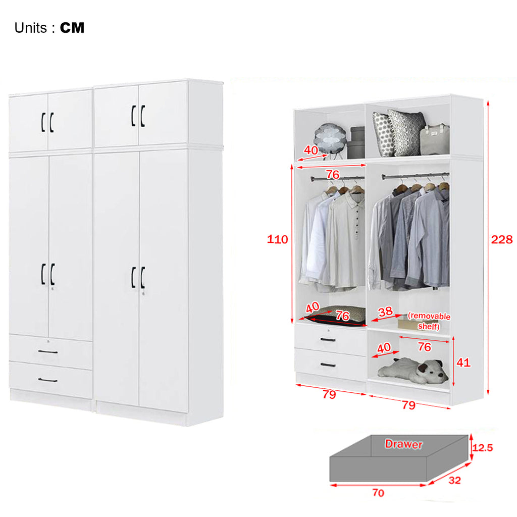 Cyprus Series 4 Door Tall Wardrobe with 2 Drawers and Top Cabinet in Full White Colour