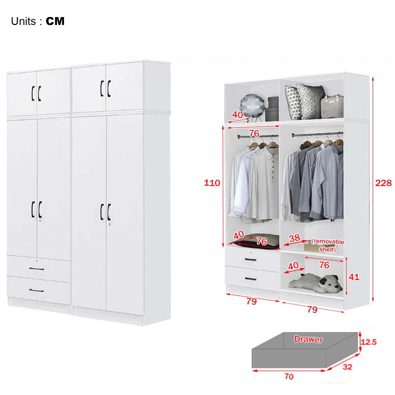 Cyprus Series 4 Door Tall Wardrobe with 2 Drawers and Top Cabinet in Full White Colour