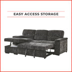 Arinna Left-Right Reversible Sleeper Sectional Sofa with Storage in Charcoal Chenille Fabric