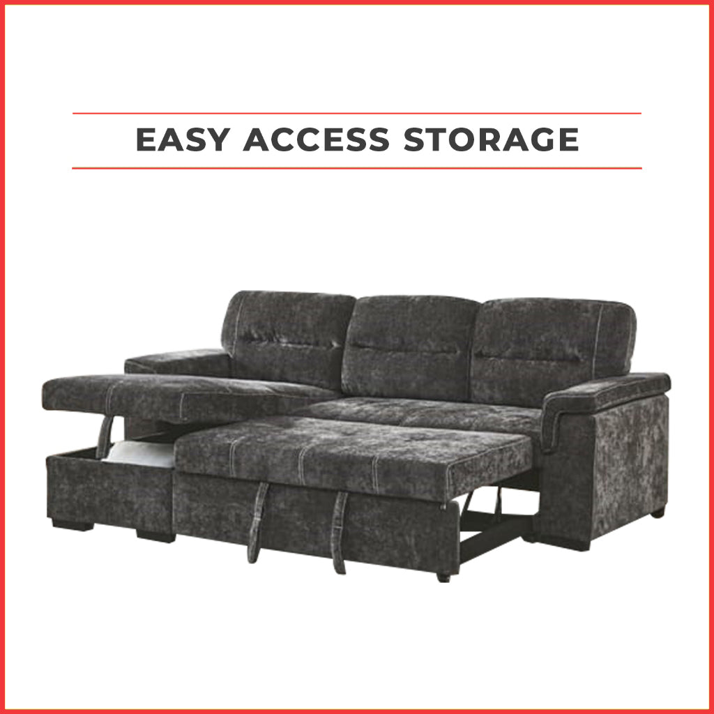 Arinna Left-Right Reversible Sleeper Sectional Sofa with Storage in Charcoal Chenille Fabric