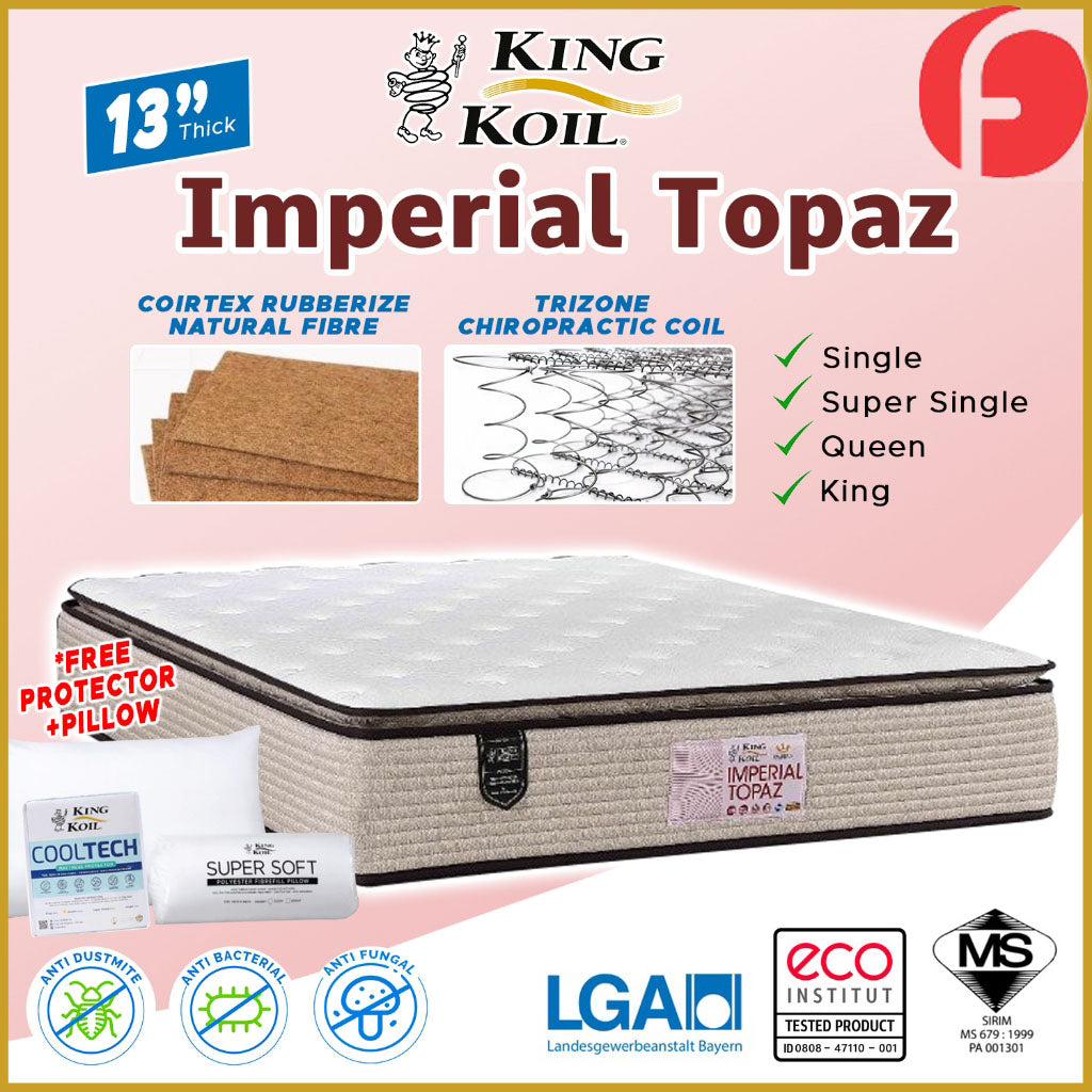 King Koil Imperial Topaz 13" Mattress Chiropractic Coil - Bundle w/ Pillow - All Sizes