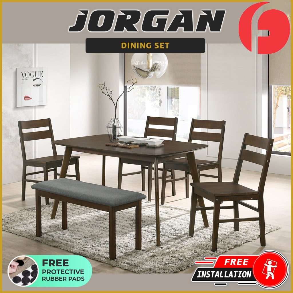 Jorgan 4/6 Seater Dining Set w/ Table, Chair & Bench Solid Rubber Wood in Walnut Colour