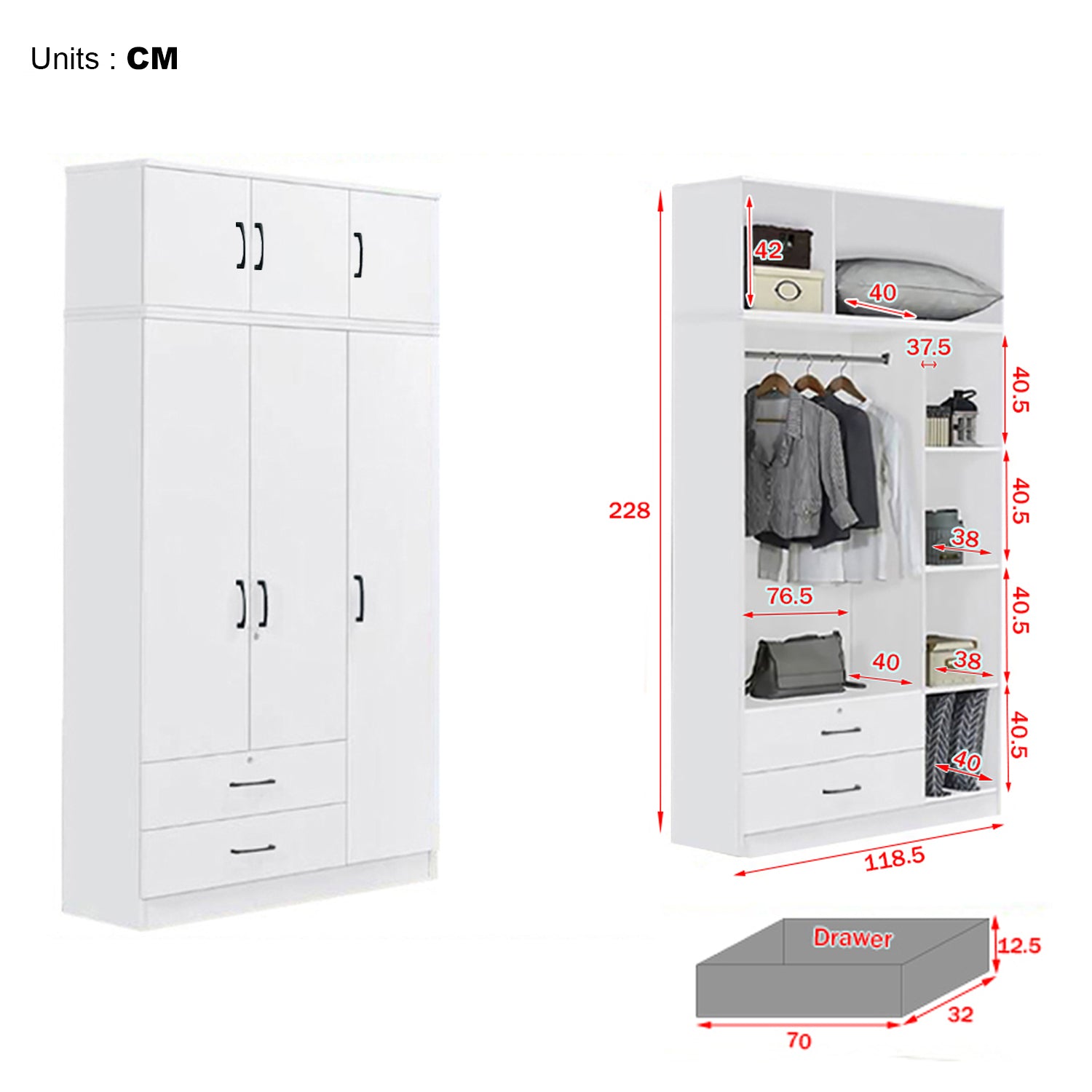 Cyprus Series 3 Door Tall Wardrobe with Drawers and Top Cabinet in Full White Colour