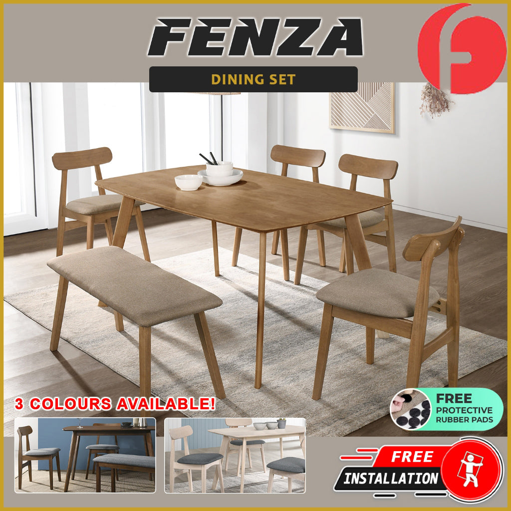 Fenza 4/6 Seater Nordic Dining Set w/ Table, Chair & Bench Solid Rubber Wood in 3 Colours