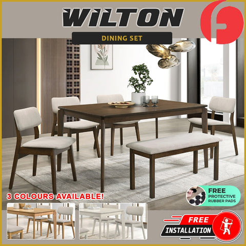 Image of Wilton 4/6 Seater Dining Set w/ Table, Chair & Bench Solid Rubber Wood in 3 Colours