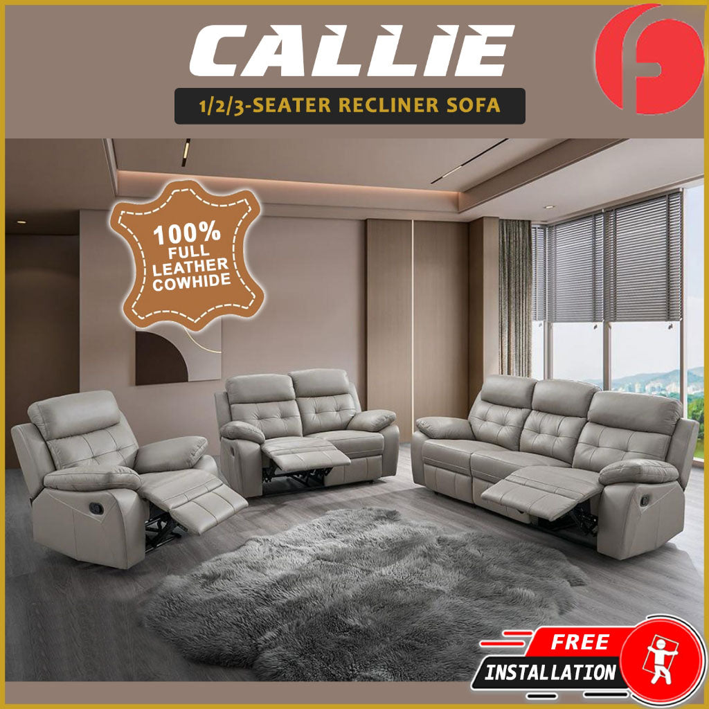 Callie 1/2/3-Seater Full Leather Cowhide Sofa All Seat Recliner in Grey Colour