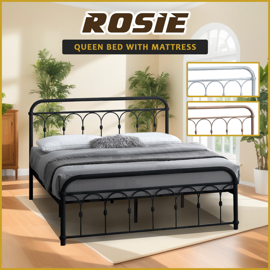 Rosie Queen Size Metal Bed Frame in White, Black, Rose Gold - W/ Mattress Option