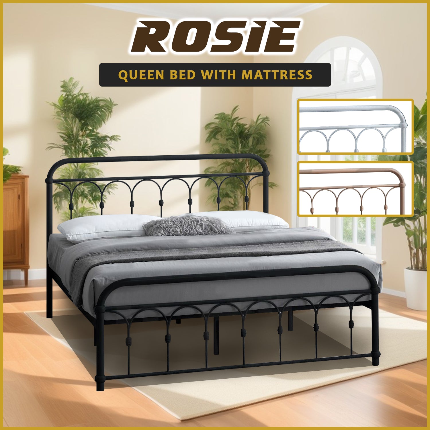 Rosie Queen Size Metal Bed Frame in White, Black, Rose Gold - W/ Mattress Option