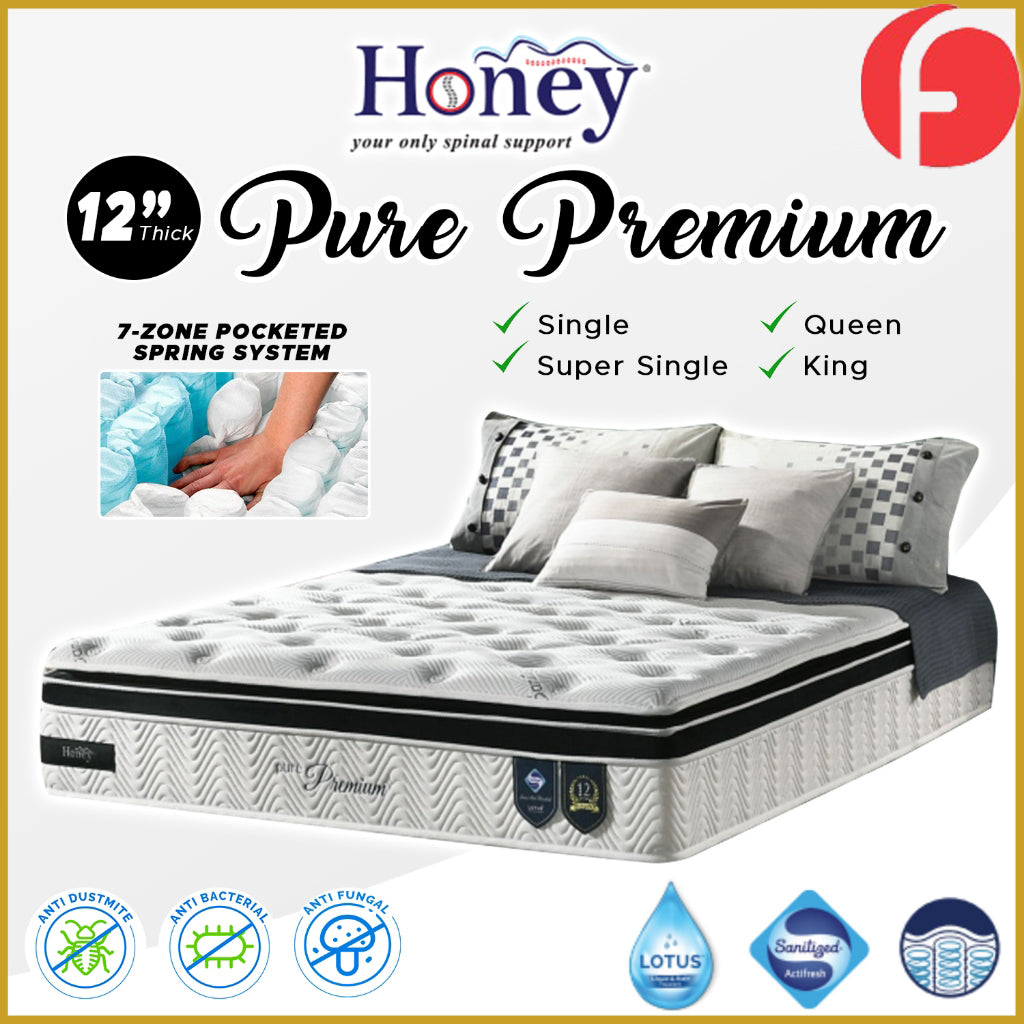 Honey Pure Premium 12" 7-Zone Pocket Spring Mattress w/ FREE PILLOW - All Sizes Available