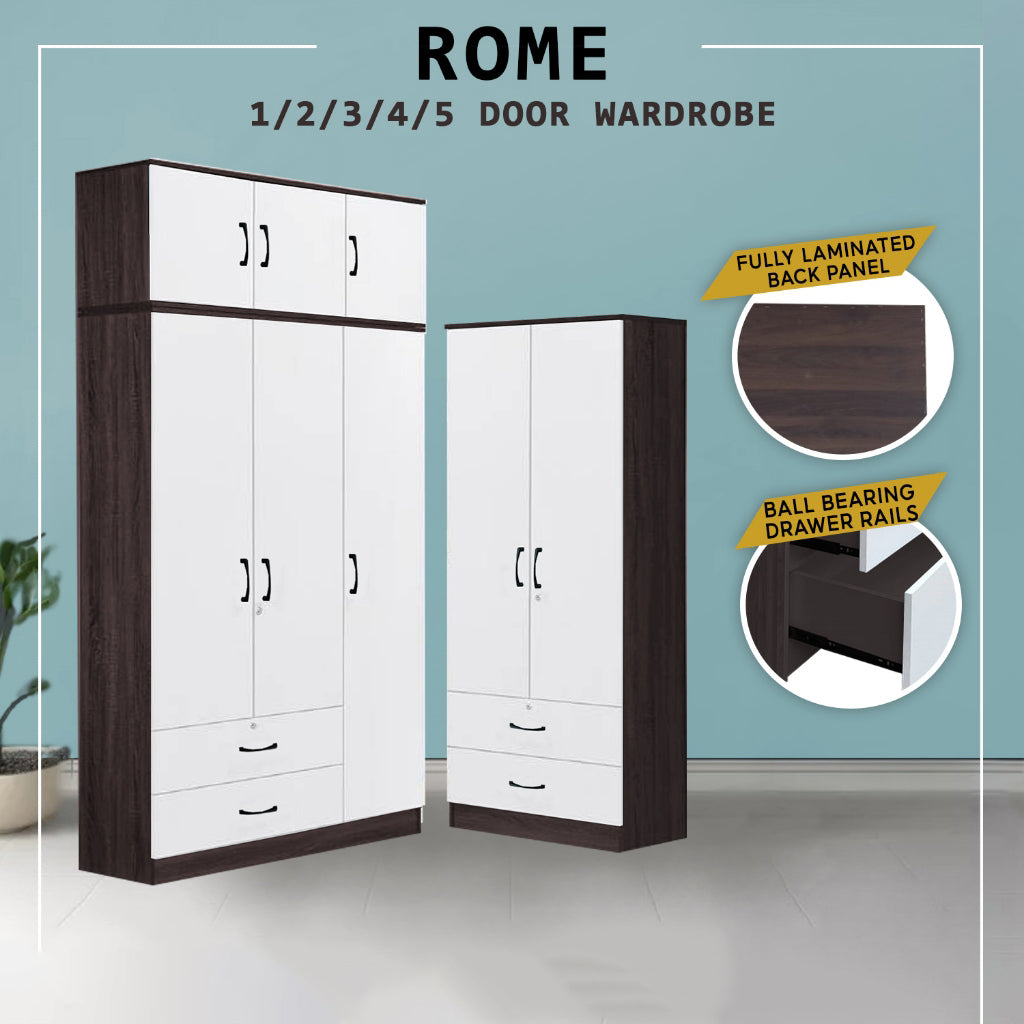Rome Series 1/2/3/4/5 Doors Tall Wardrobe with Drawers and Top Cabinet in Walnut+White