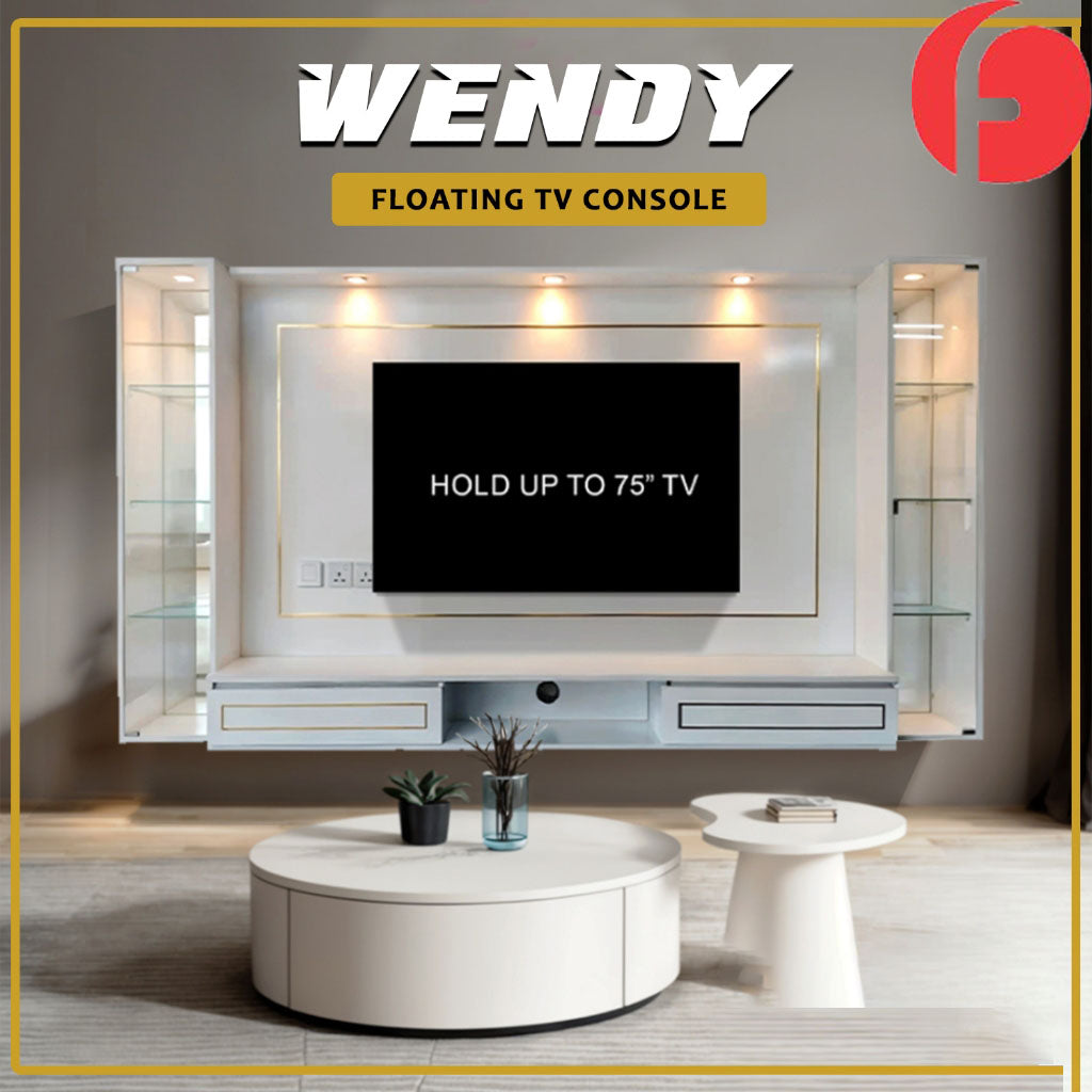 Wendy Hanging TV Console Floating with Socket, LED Light, Display Cabinet & Drawers