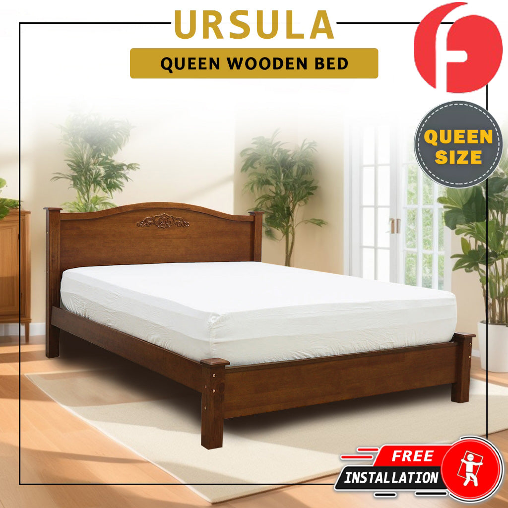 Ursula Wooden Bedframe Queen Size In Oak Colour with Mattress Option - MDF+Veneer Wood