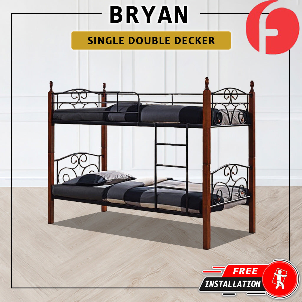 Bryan Single Metal+Wooden Double Decker Bed Frame in 2 Colours - w/ Mattress Option