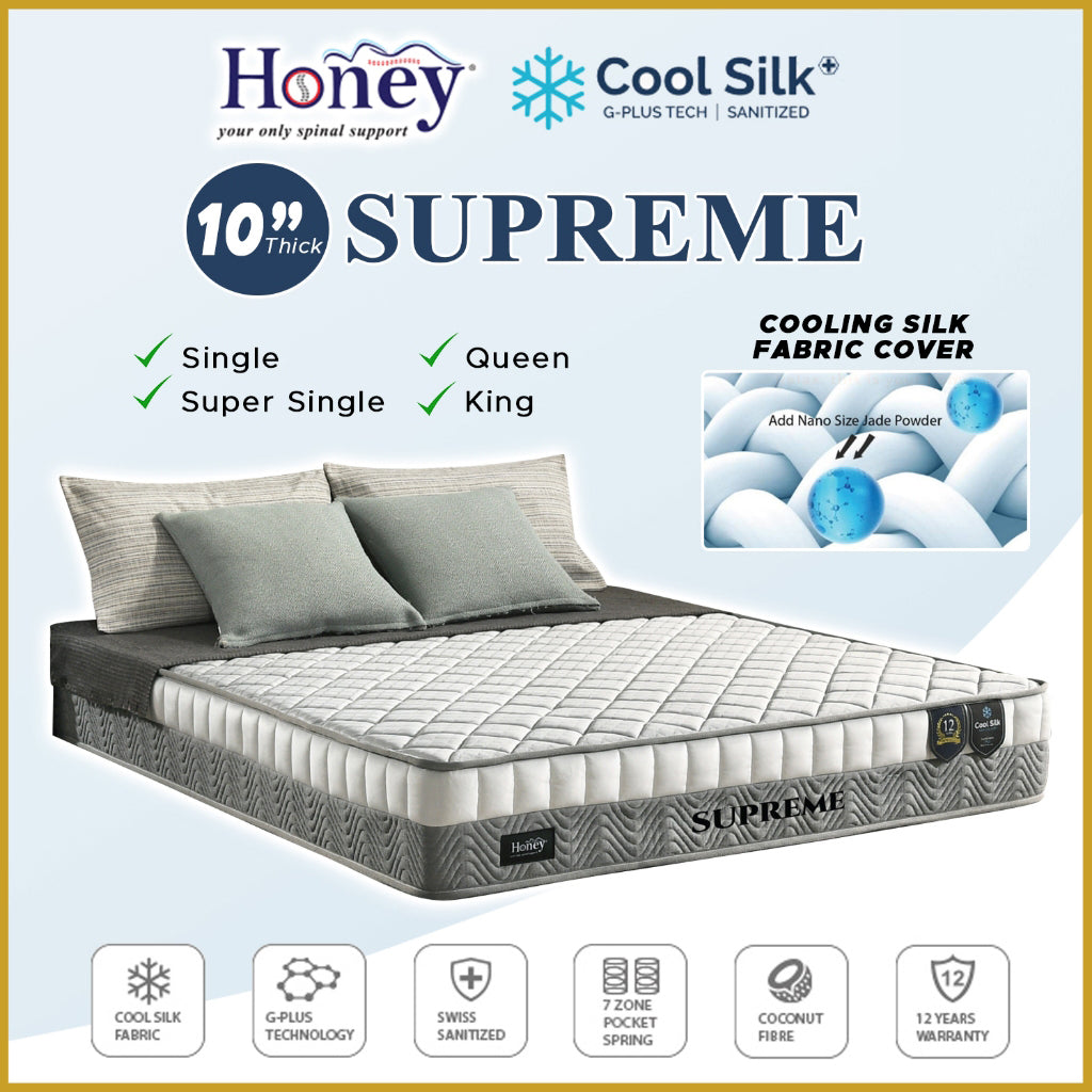 Honey Supreme 10" Mattress Cool Silk Plus 7-Zone Pocket Spring - All Sizes Available