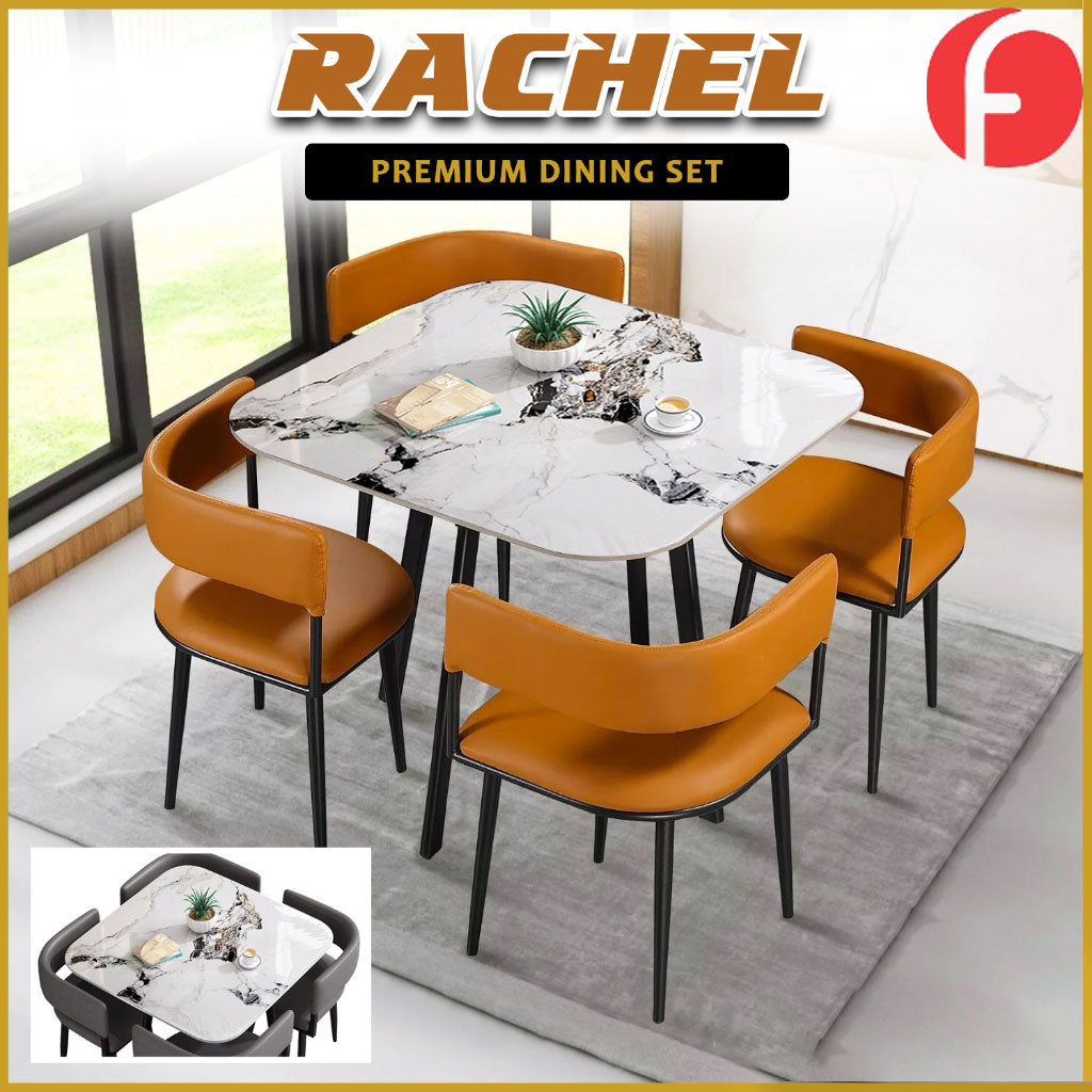 Rachel Dining Set with Curved Edges Sintered Stone Table Top Leather High Density Chair