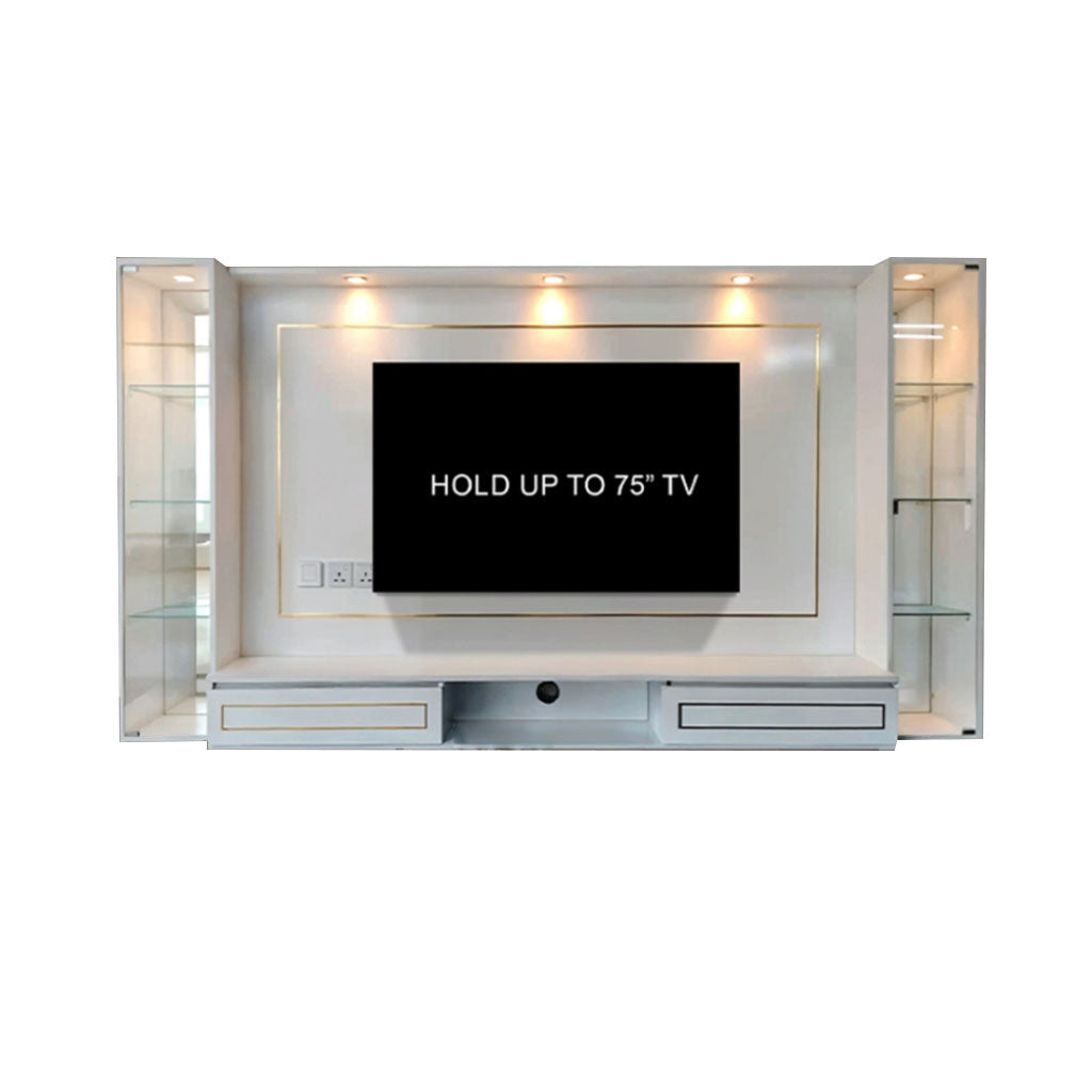 Wendy Hanging TV Console Floating with Socket, LED Light, Display Cabinet & Drawers