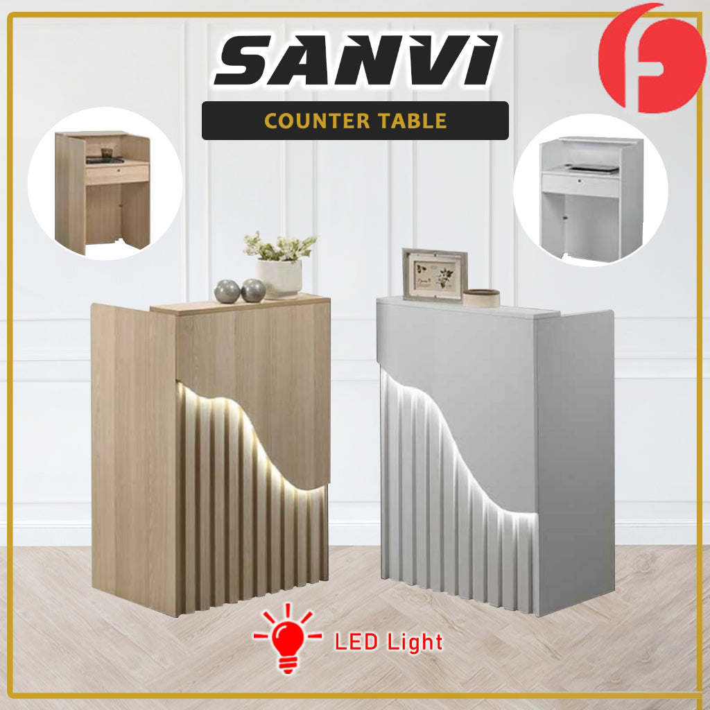 Sanvi Counter Table with Drawer with Lock & LED Lights in White or Natural Colour