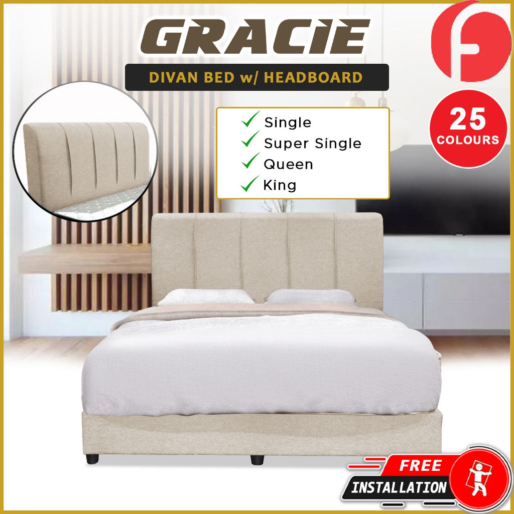 Gracie Divan Bed Frame with Foam Padded Headboard w/ Mattress - All Sizes Available