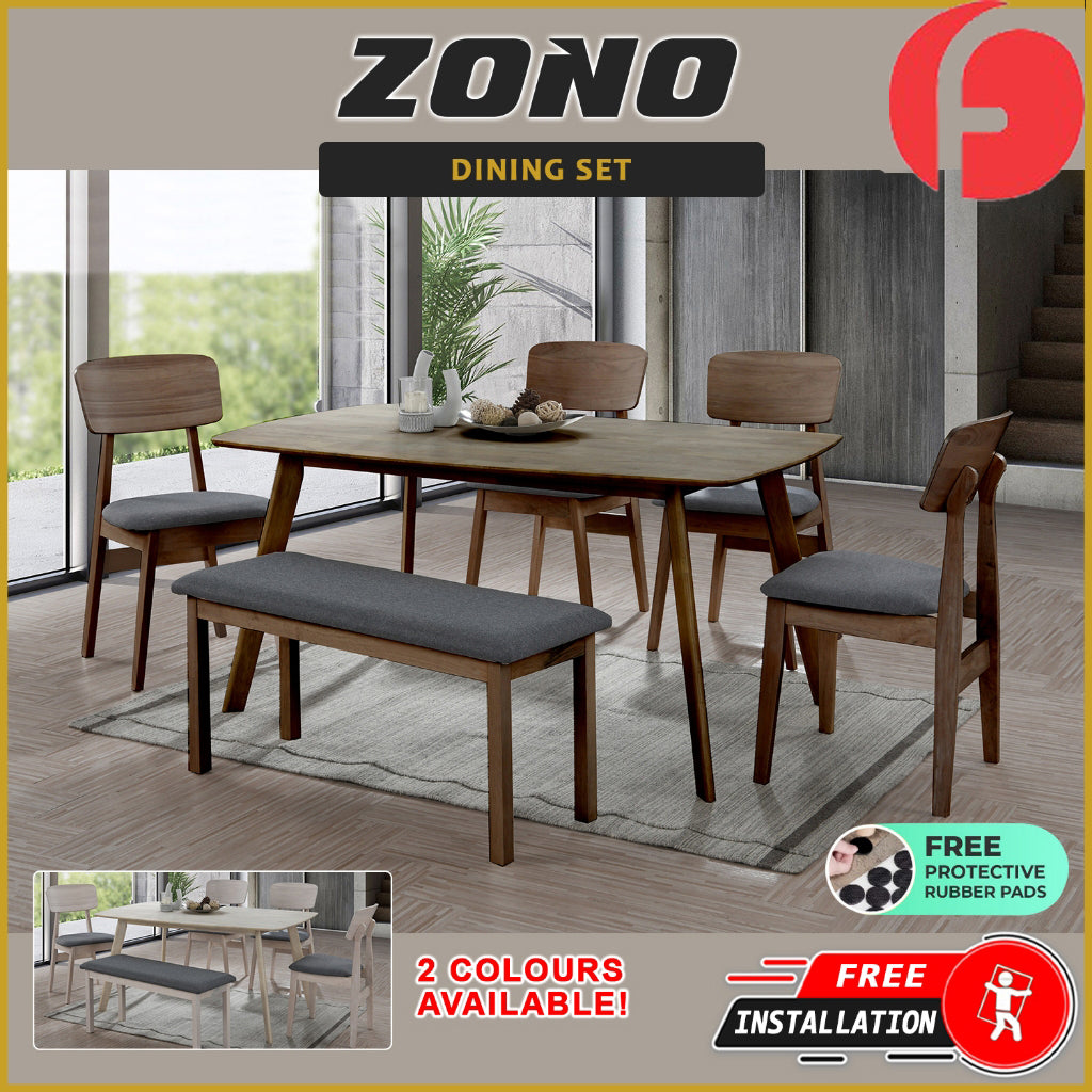 Zono Nordic Dining Set w/ Table, Chair & Bench Solid Rubber Wood in 2 Colours