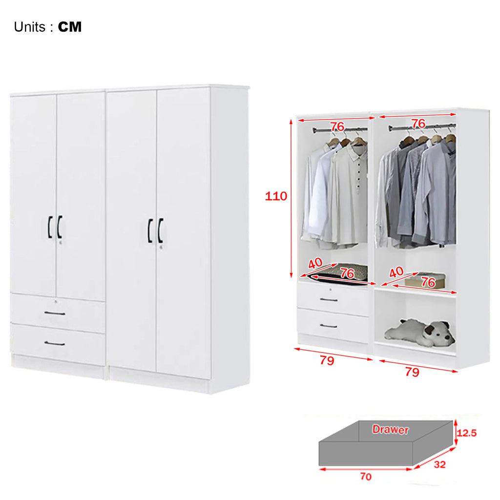 Cyprus Series 4 Door Wardrobe with 4 Drawers in Full White Colour