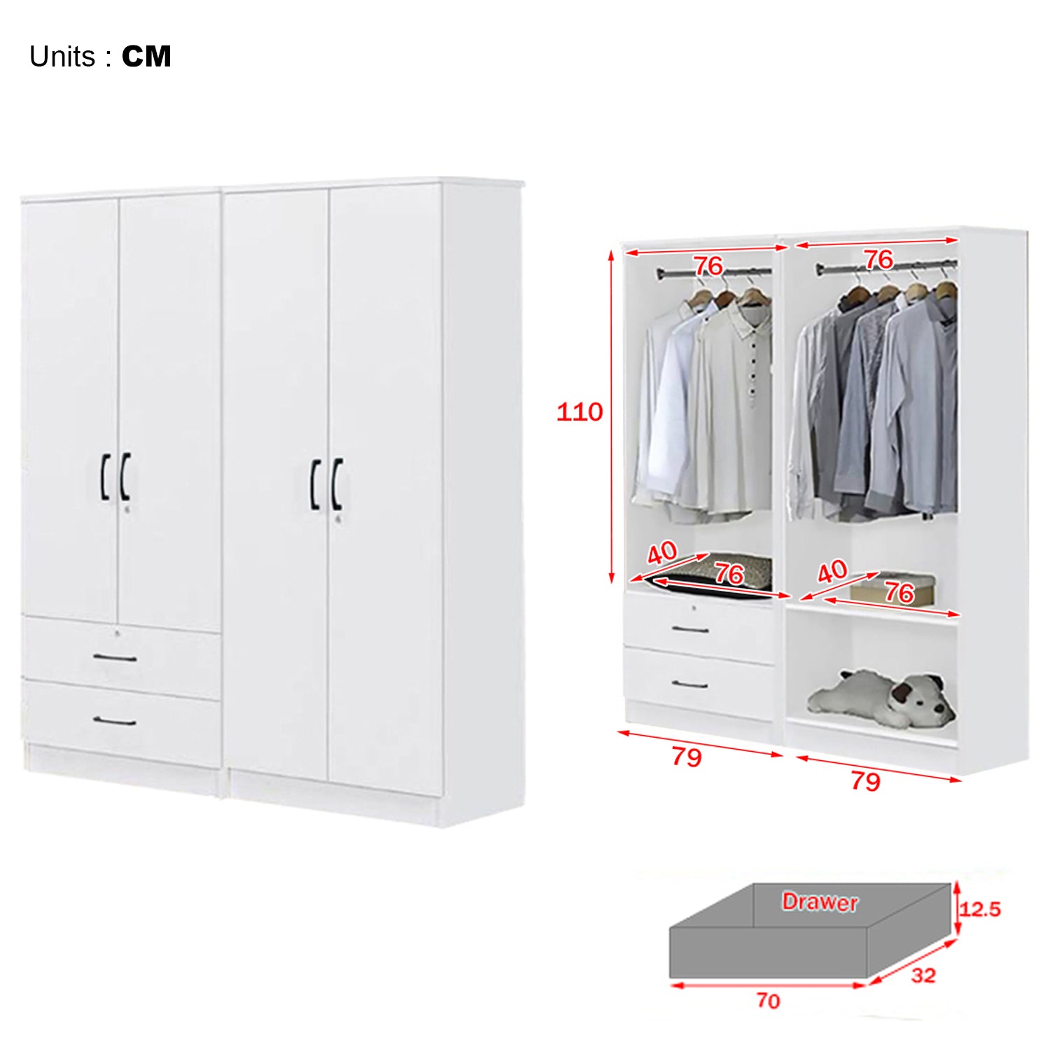 Cyprus Series 4 Door Wardrobe with 4 Drawers in Full White Colour