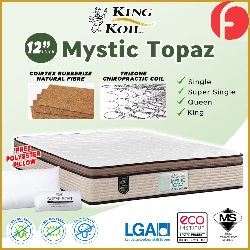 King Koil Mystic Topaz 12" Mattress Chiropractic Coil - Bundle w/ Pillow - All Sizes