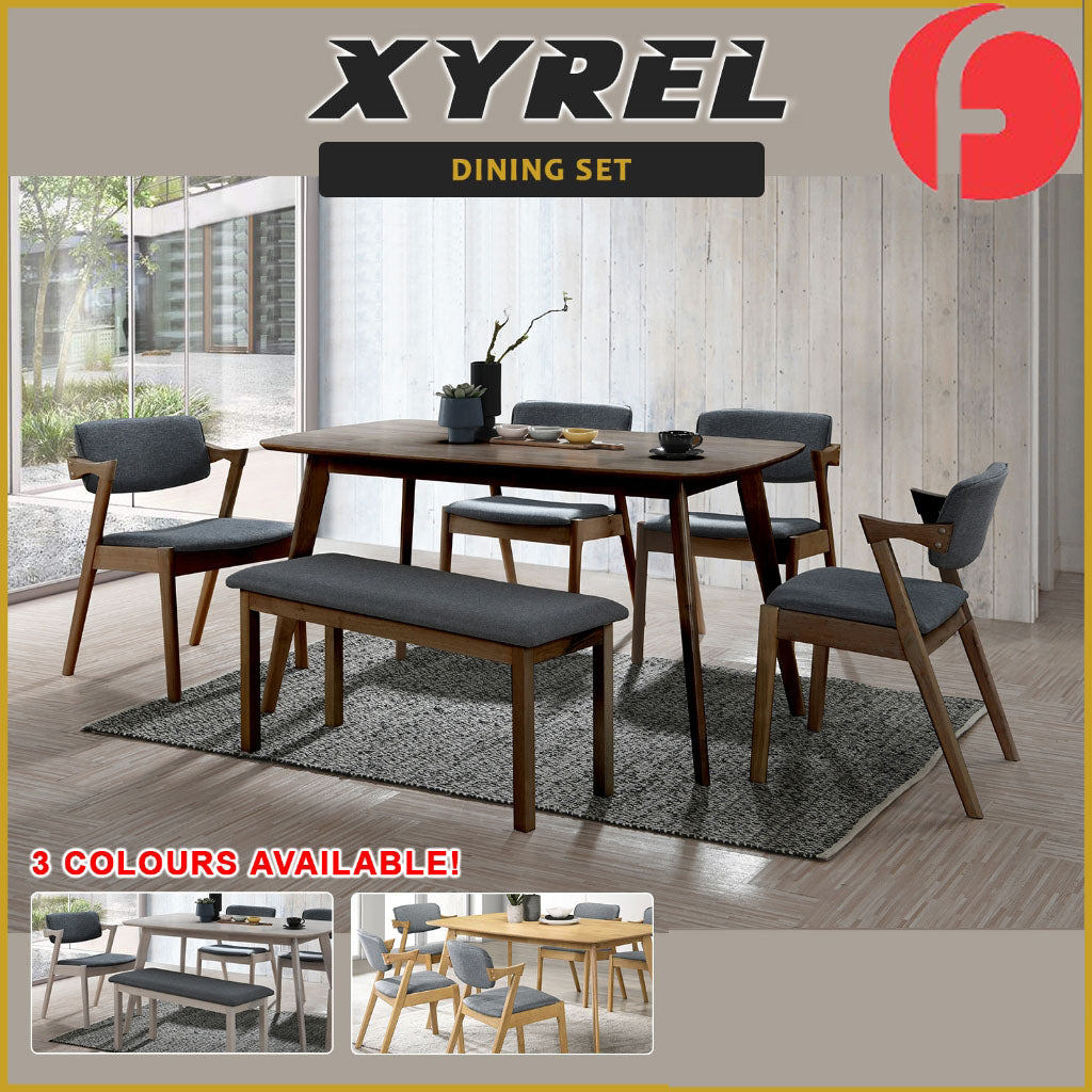 Xyrel Nordic Dining Set w/ Table, Chair & Bench Solid Rubber Wood in 3 Colours
