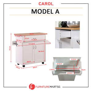 CAROL Mobile Kitchen Island/Storage Cabinet 2 Door with 4 Wheel Trolley Pantry White Color Solid Table Top